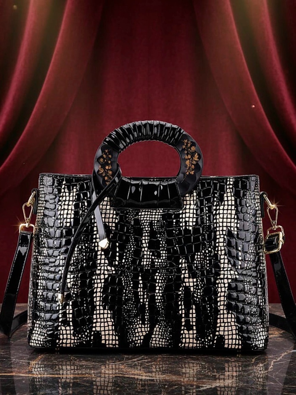 Black Croco Embossed Faux Leather Crossbody Bag with Round Double Handle